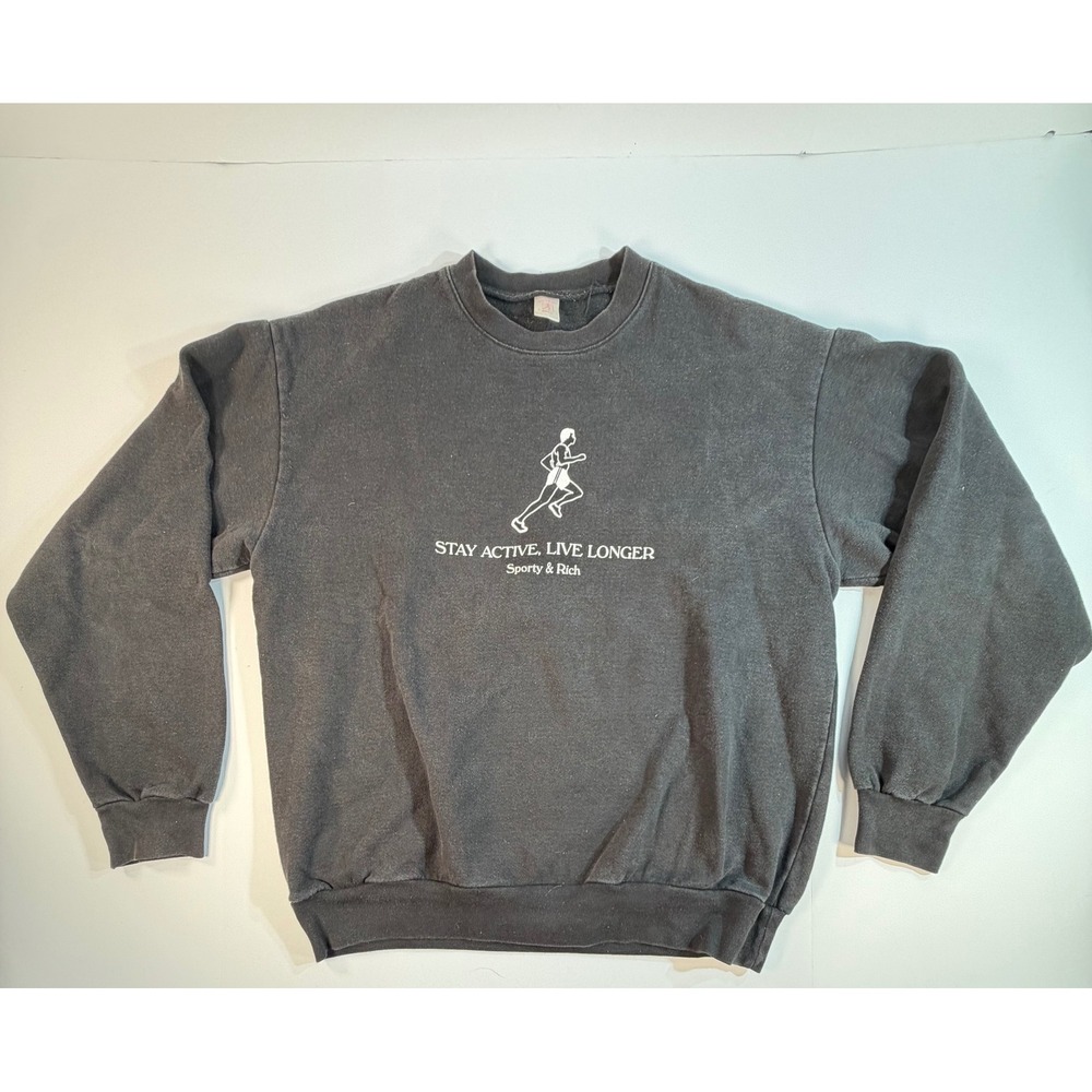 Sporty & Rich Stay Active Live Longer Crewneck Sweatshirt Black L Made in USA
